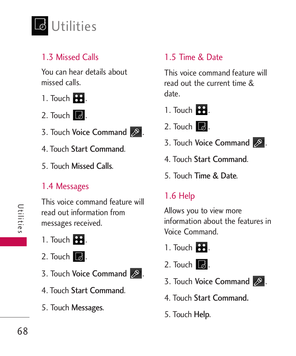 3 missed calls, 4 messages, 5 time & date | 6 help, Utilities | LG LG840 User Manual | Page 70 / 293