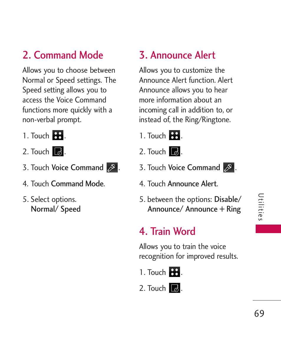 Command mode, Announce alert, Train word | LG LG840 User Manual | Page 71 / 293