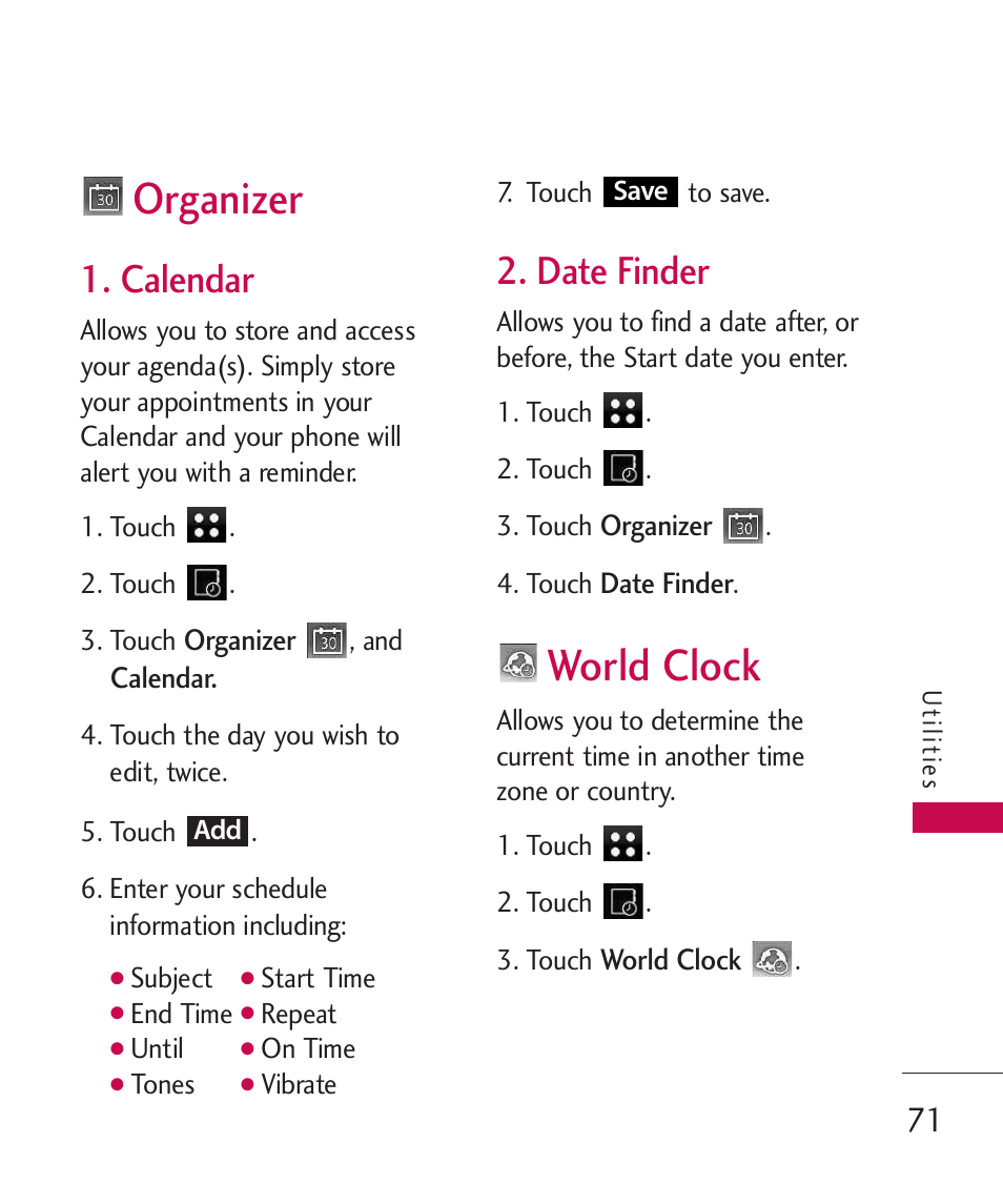 Organizer, Calendar, Date finder | World clock | LG LG840 User Manual | Page 73 / 293