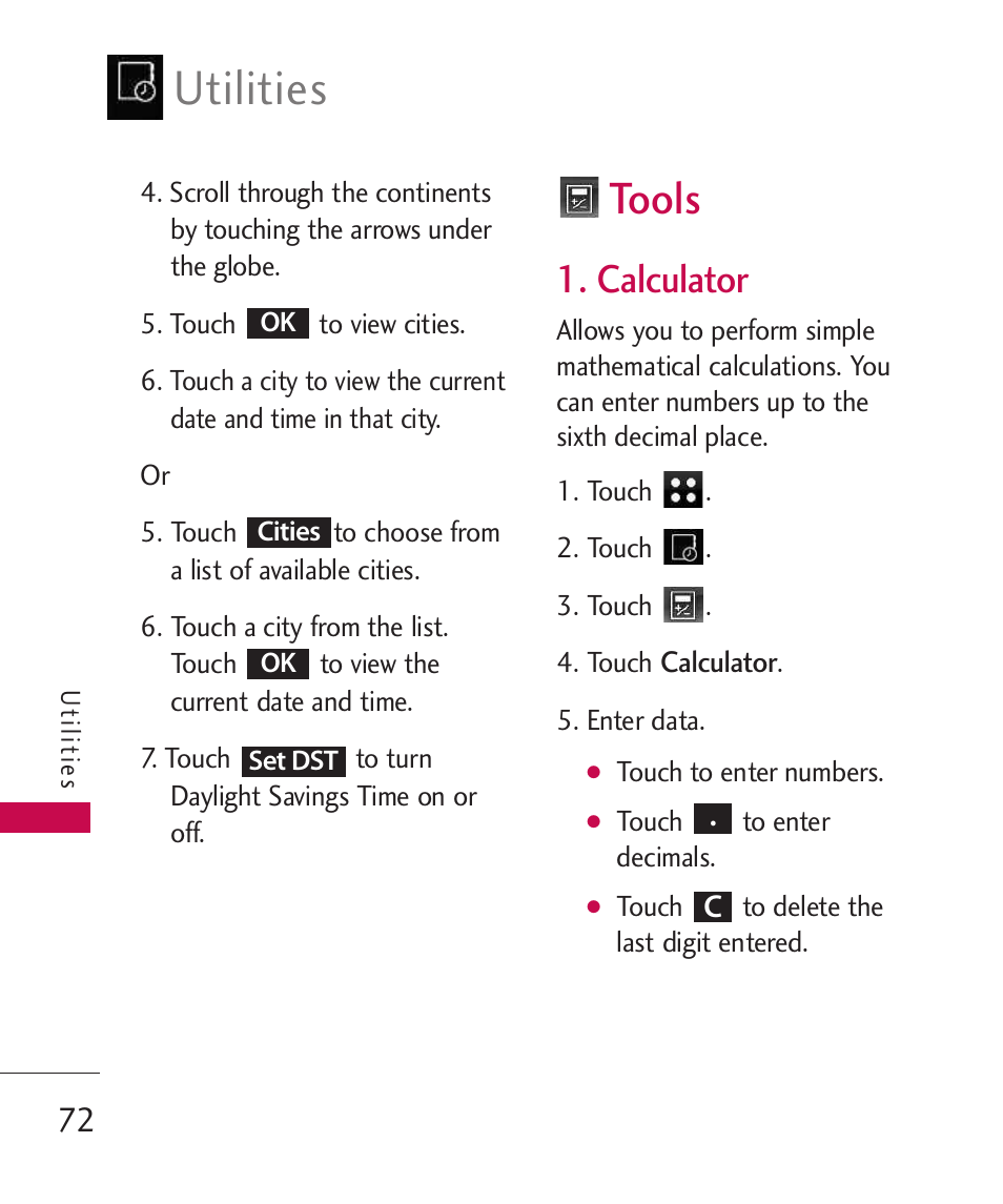 Tools, Calculator, Utilities | LG LG840 User Manual | Page 74 / 293