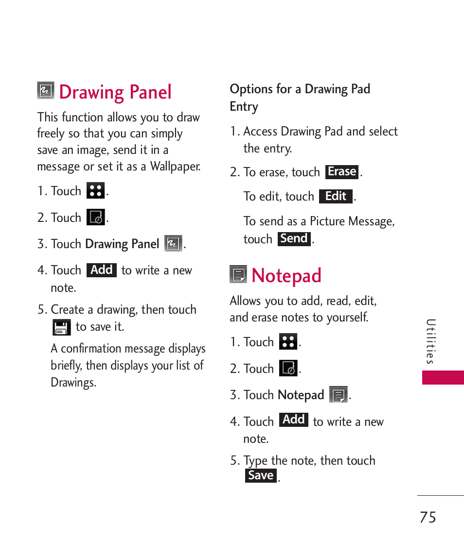 Drawing panel, Notepad | LG LG840 User Manual | Page 77 / 293