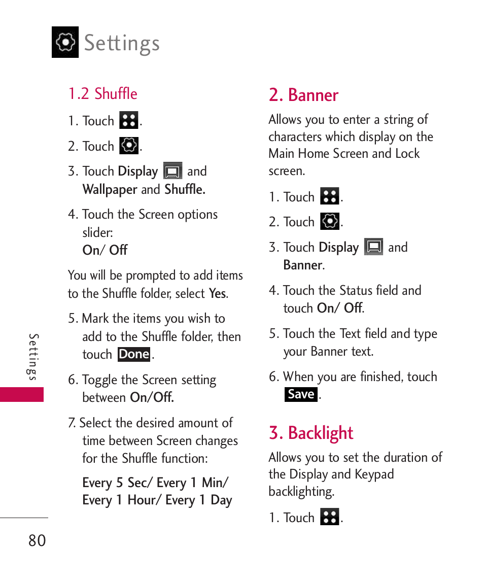 2 shuffle, Banner, Backlight | Settings | LG LG840 User Manual | Page 82 / 293