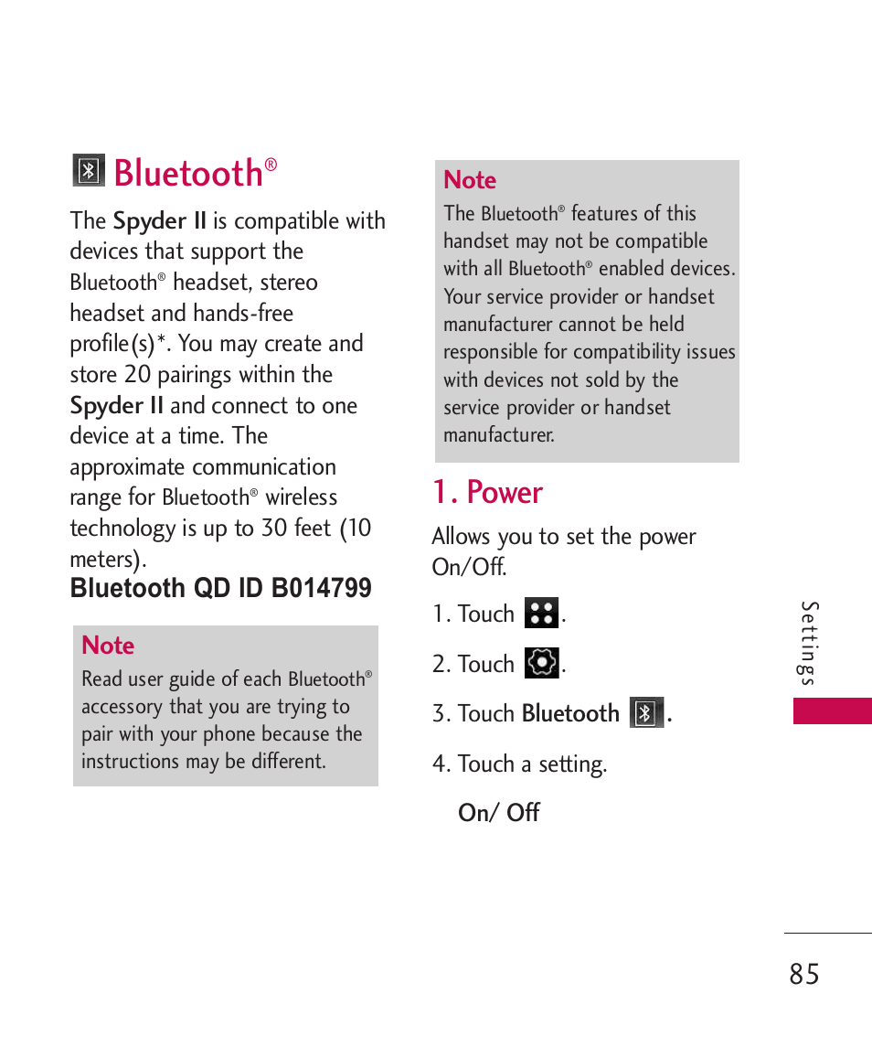 Bluetooth, Power | LG LG840 User Manual | Page 87 / 293