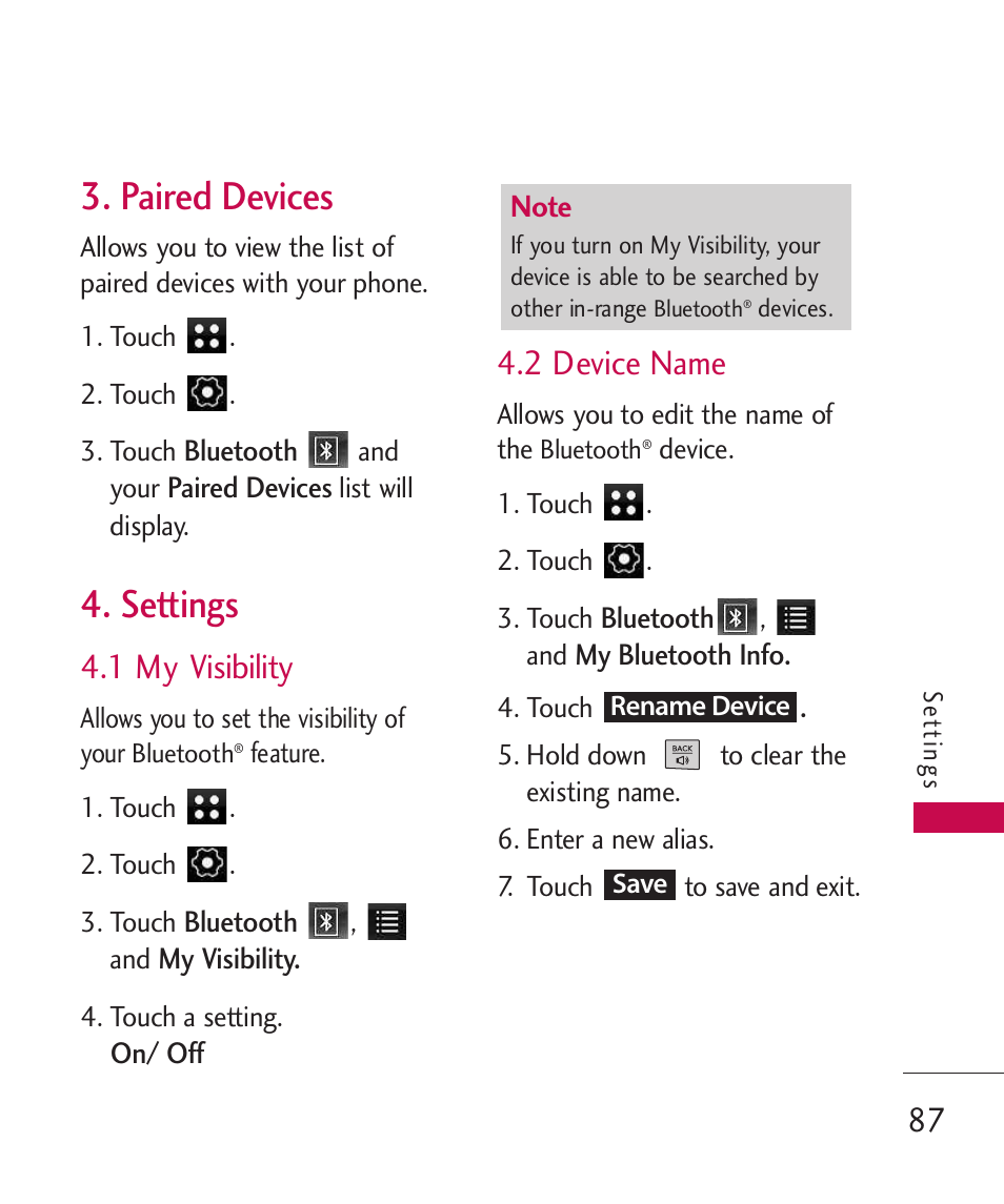 Paired devices, Settings, 1 my visibility | 2 device name | LG LG840 User Manual | Page 89 / 293