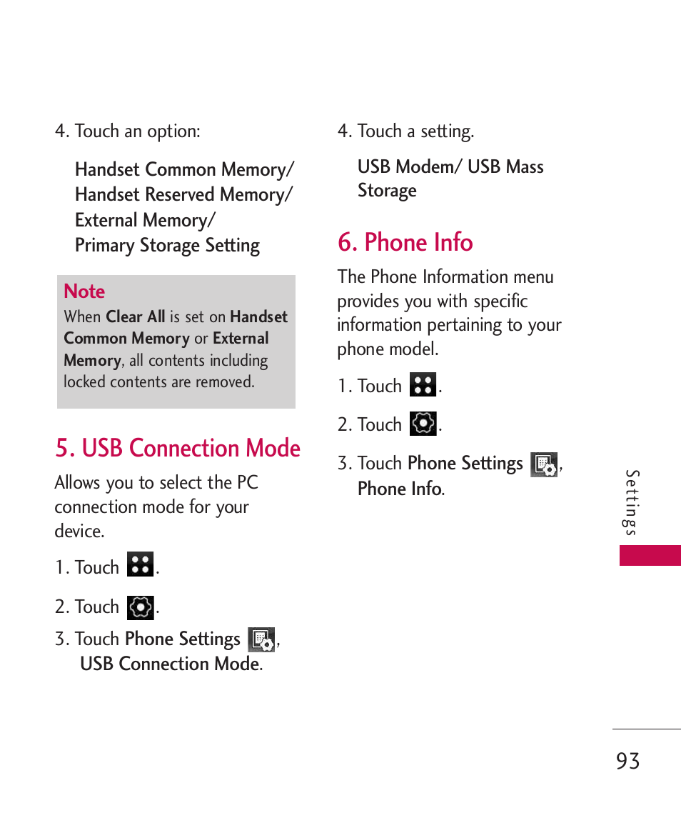 Usb connection mode, Phone info | LG LG840 User Manual | Page 95 / 293