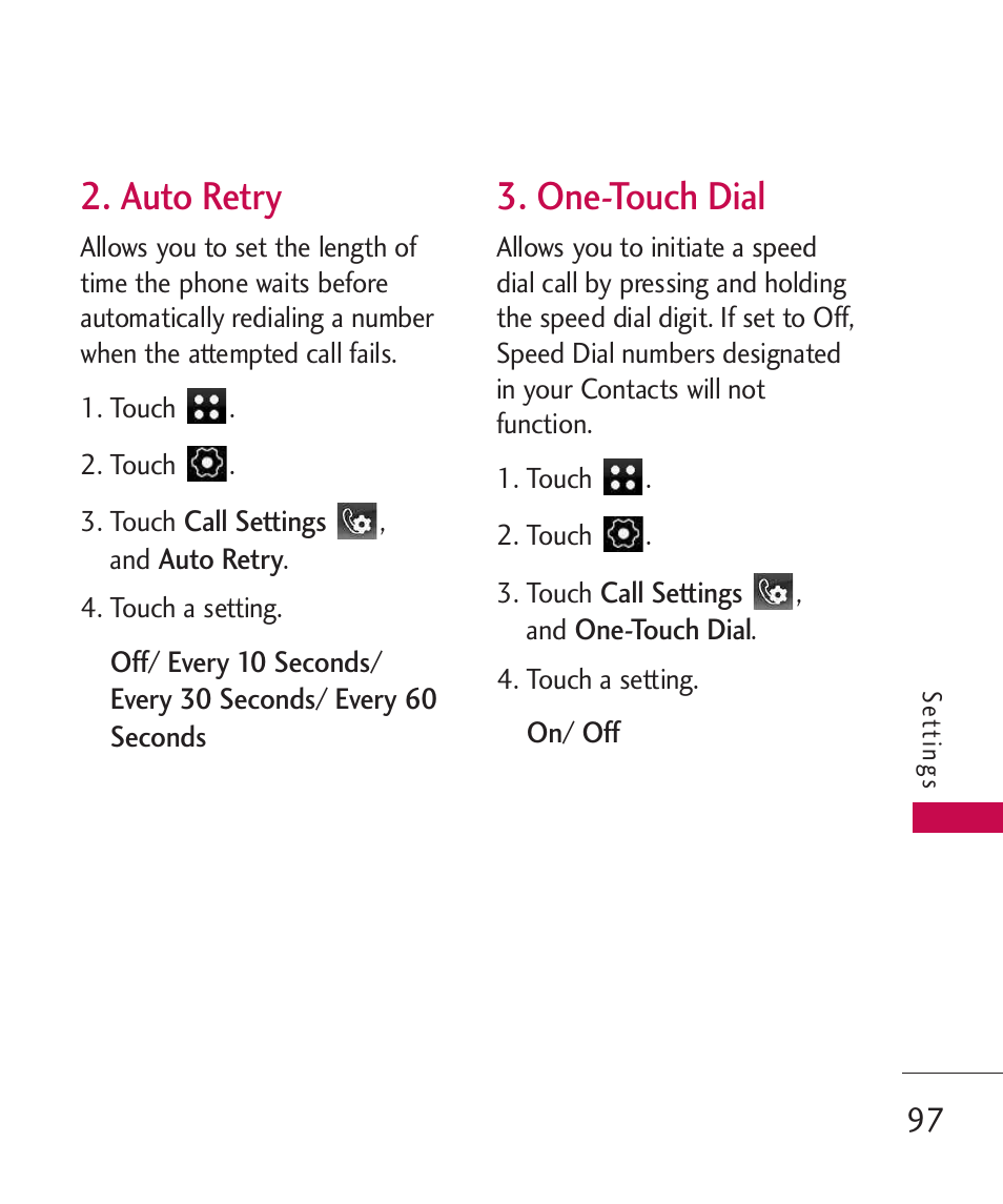 Auto retry, One-touch dial | LG LG840 User Manual | Page 99 / 293