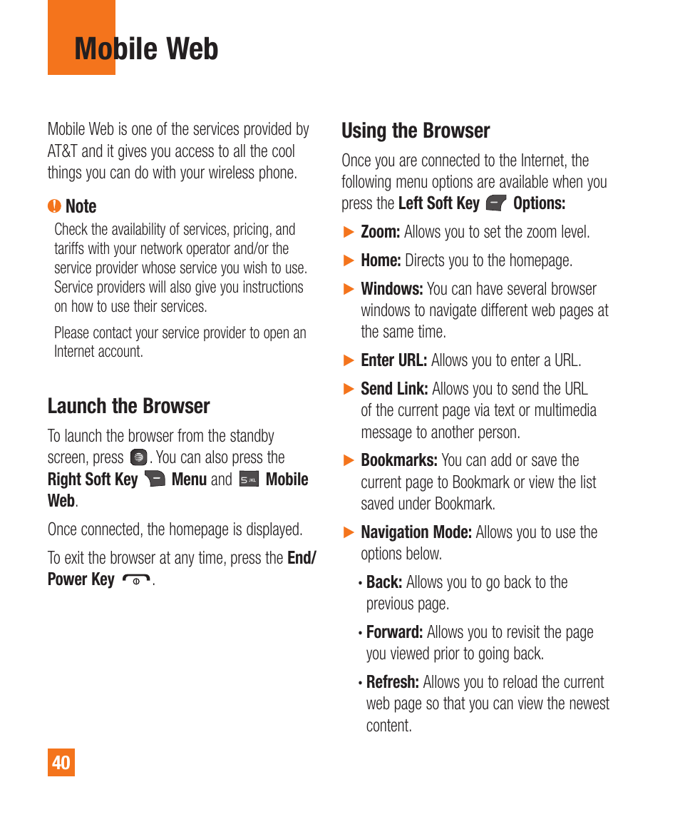 Mobile web, Launch the browser, Using the browser | LG A380 User Manual | Page 40 / 114