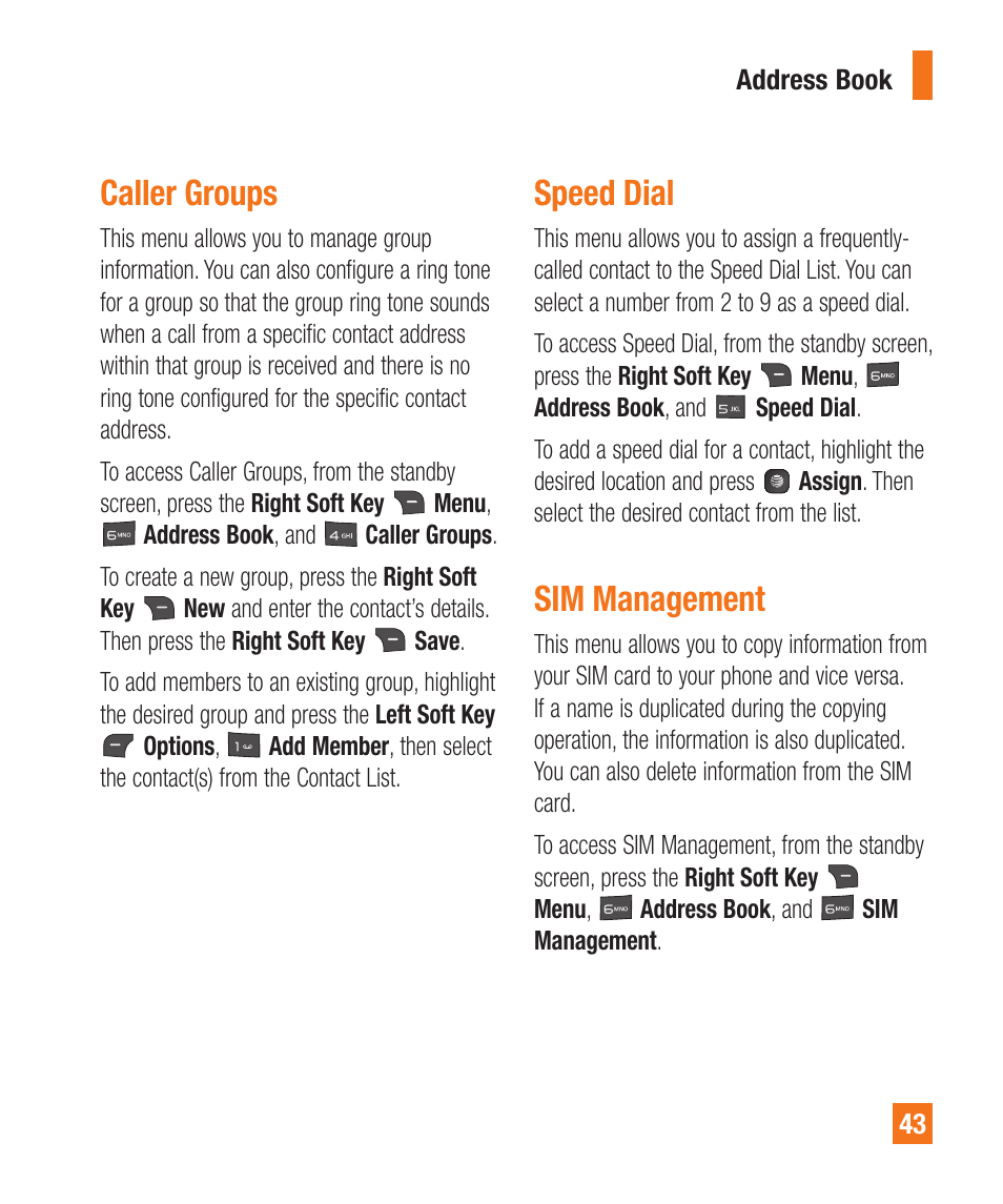 Sim management, Speed dial, Caller groups | LG A380 User Manual | Page 43 / 114