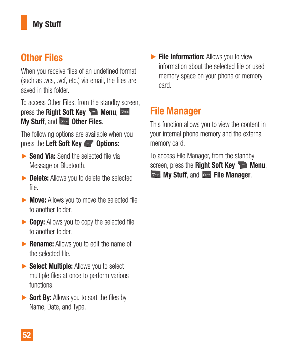 File manager, Other files | LG A380 User Manual | Page 52 / 114