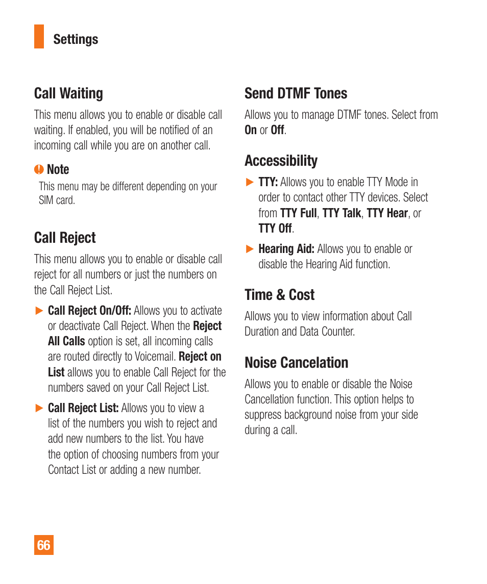 Call waiting, Call reject, Send dtmf tones | Accessibility, Time & cost, Noise cancelation | LG A380 User Manual | Page 66 / 114