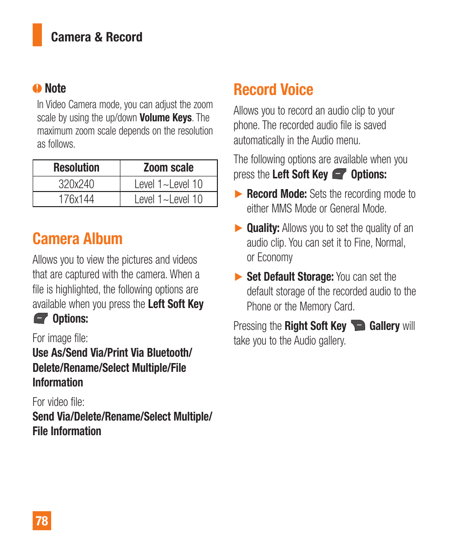 Record voice, Camera album | LG A380 User Manual | Page 78 / 114