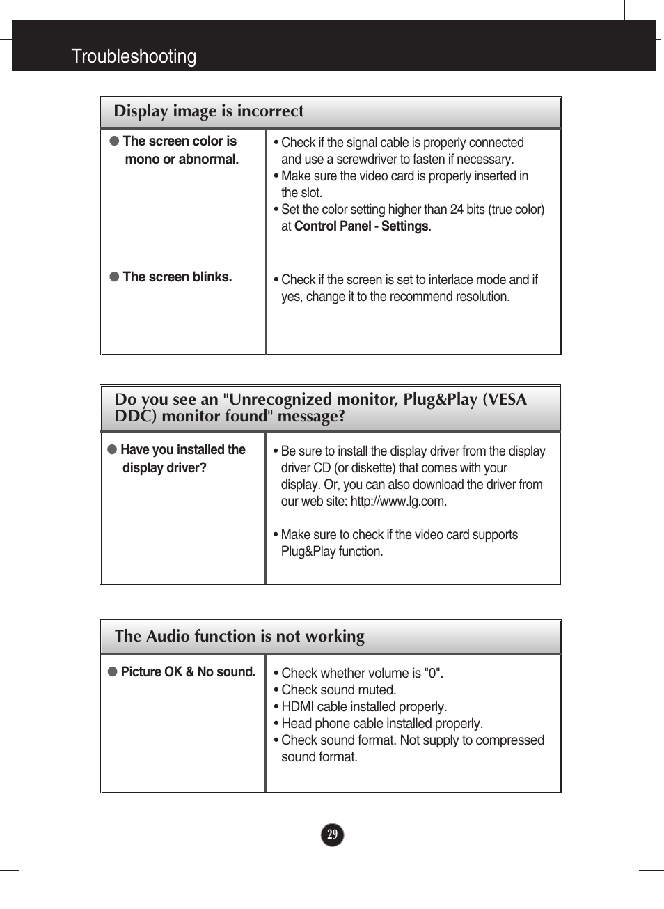 The audio function is not working, Troubleshooting | LG E2281VR-BN User Manual | Page 30 / 35