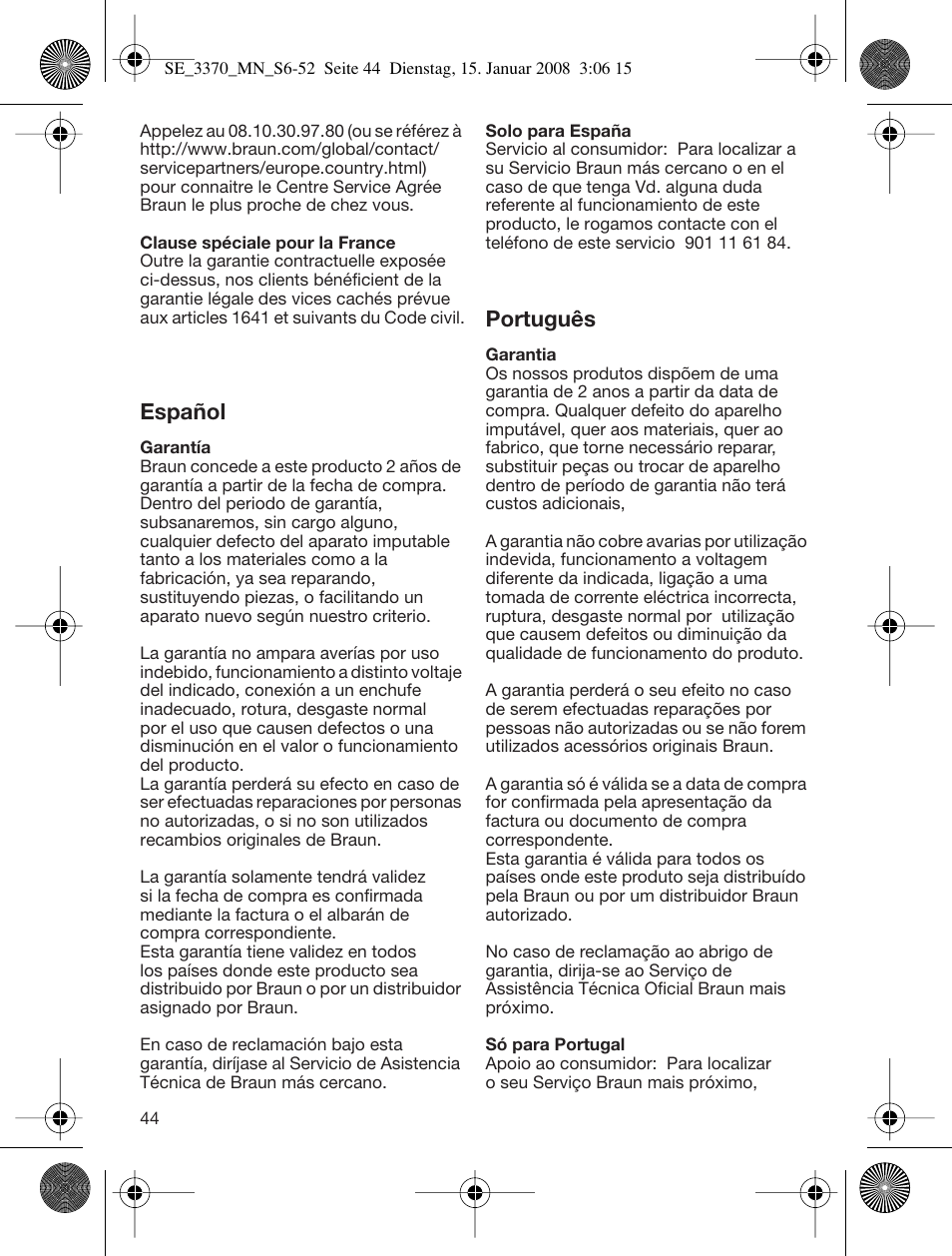 Español, Português | Braun 3370-5318 Silk-épil SoftPerfection User Manual | Page 43 / 46