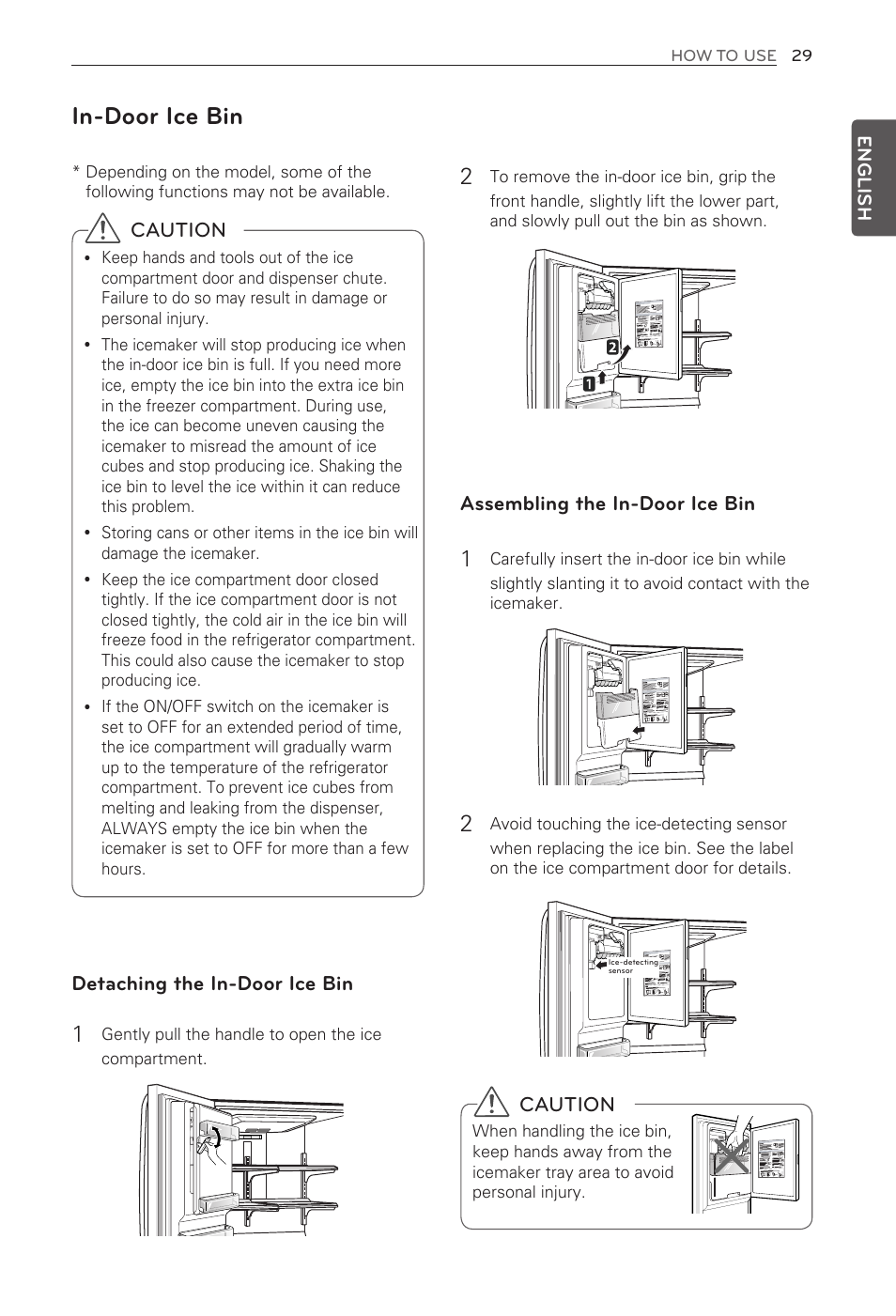 In-door ice bin, Caution, Detaching the in-door ice bin | Assembling the in-door ice bin | LG LFX31945ST User Manual | Page 29 / 63