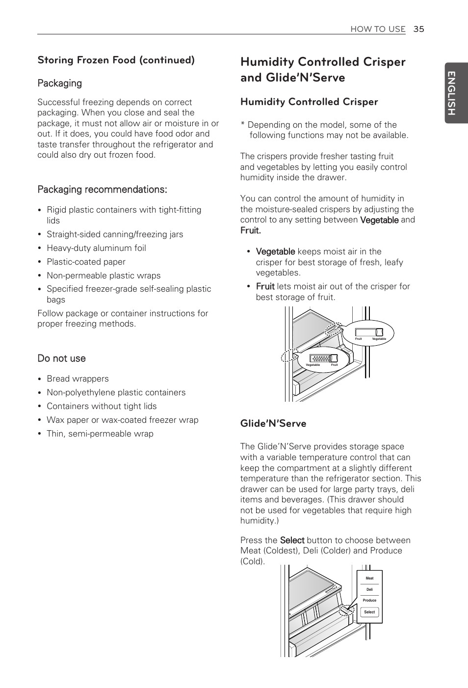 Humidity controlled crisper and glide’n’serve, Humidity controlled crisper, Glide’n’serve | Storing frozen food (continued), English, Packaging, Packaging recommendations, Do not use | LG LFX31945ST User Manual | Page 35 / 63