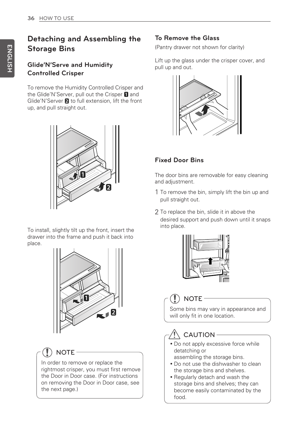 Detaching and assembling the storage bins | LG LFX31945ST User Manual | Page 36 / 63