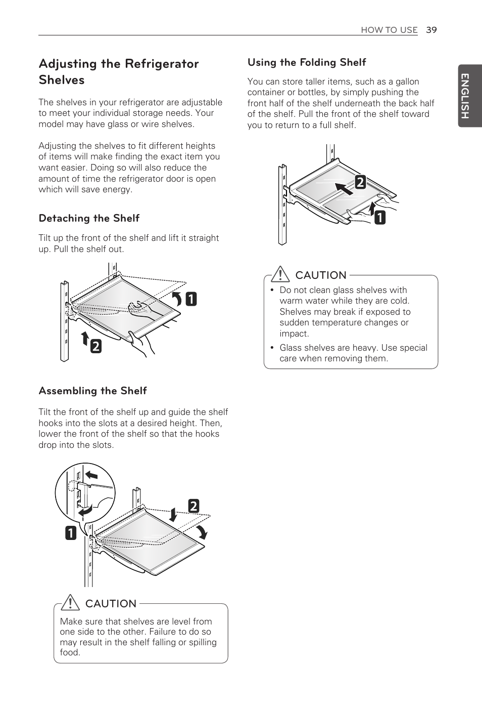 Adjusting the refrigerator shelves, Detaching the shelf, Assembling the shelf | Using the folding shelf, Caution | LG LFX31945ST User Manual | Page 39 / 63