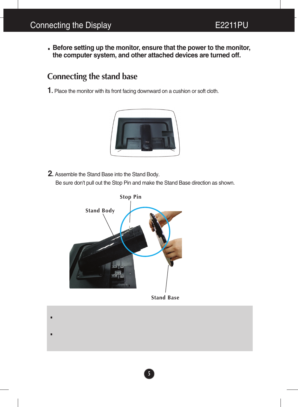 Connecting the display, Connecting the display e2211pu, Connecting the stand base | LG E2411PU-BN User Manual | Page 6 / 34
