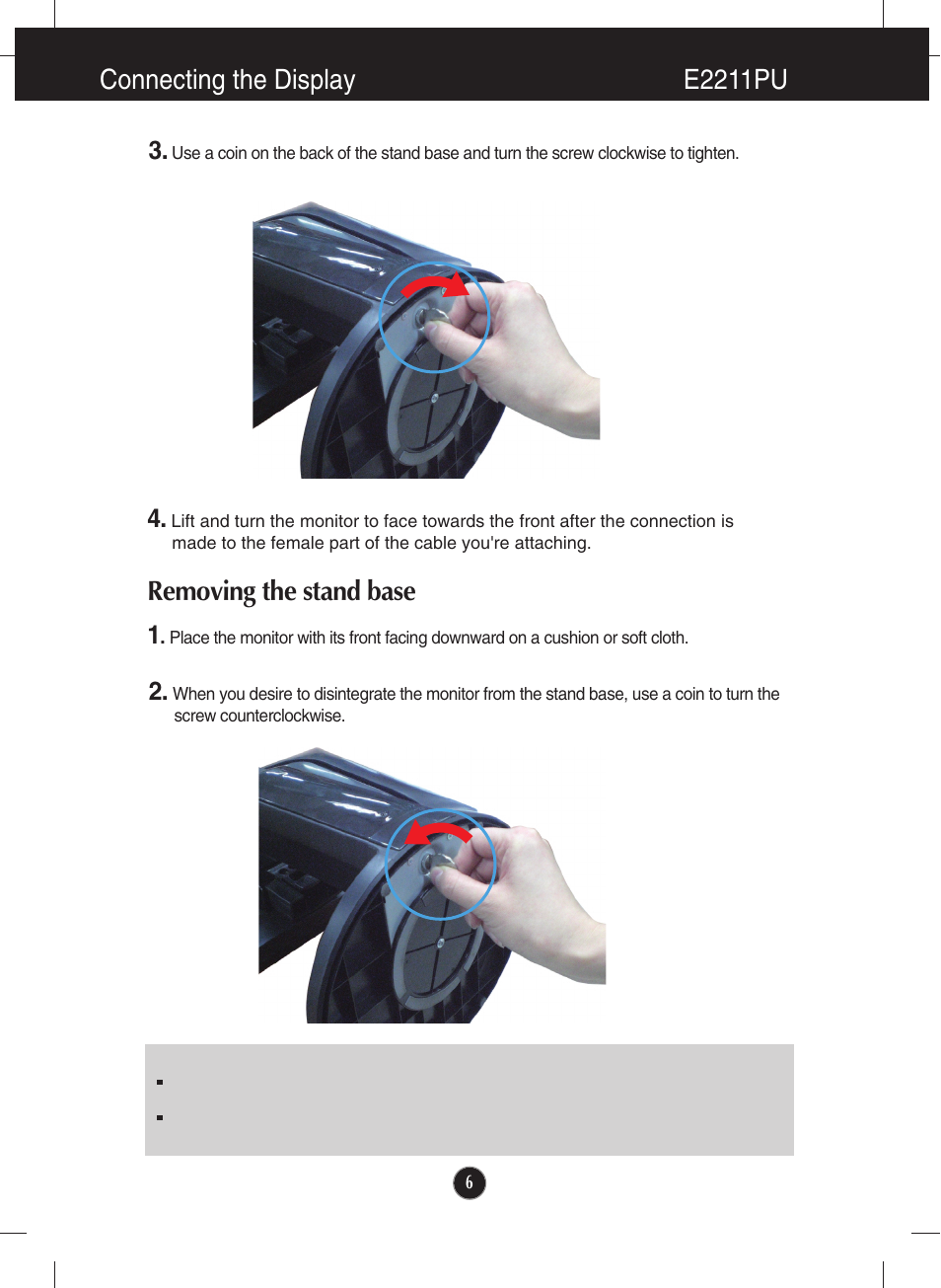 Connecting the display e2211pu, Removing the stand base | LG E2411PU-BN User Manual | Page 7 / 34