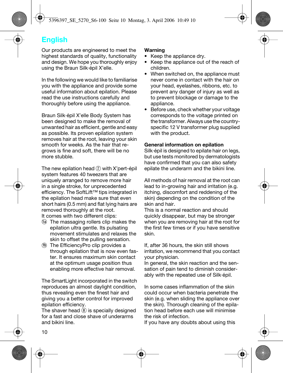 English | Braun 5270-5396 Silk-épil Xelle User Manual | Page 10 / 95