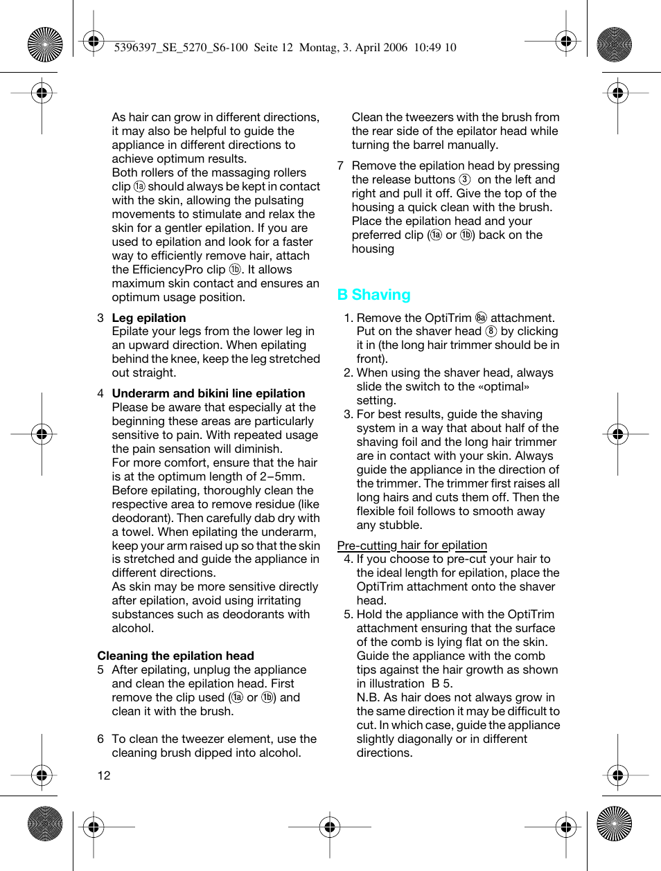 B shaving | Braun 5270-5396 Silk-épil Xelle User Manual | Page 12 / 95