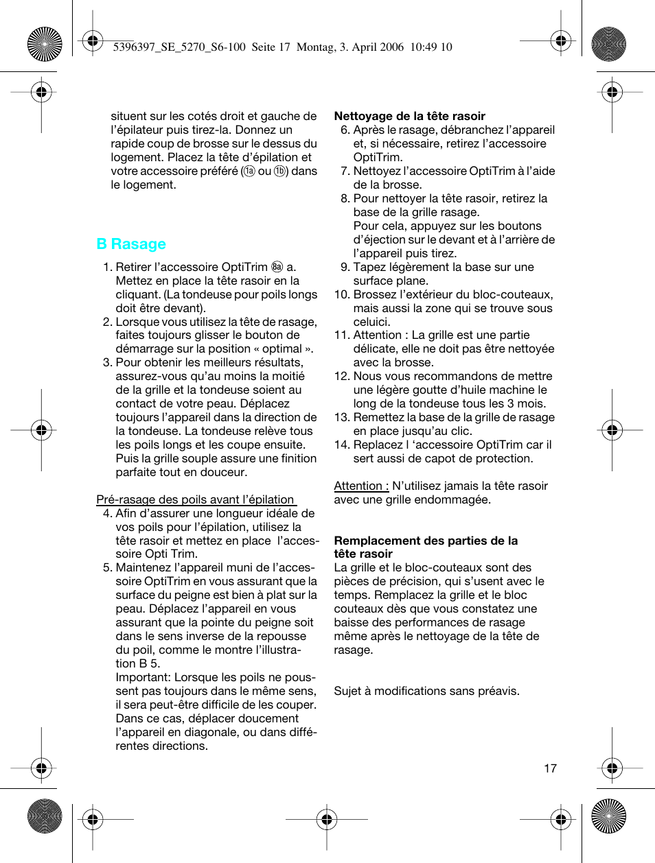 B rasage | Braun 5270-5396 Silk-épil Xelle User Manual | Page 17 / 95