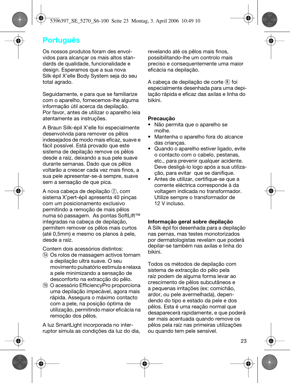 Português | Braun 5270-5396 Silk-épil Xelle User Manual | Page 23 / 95