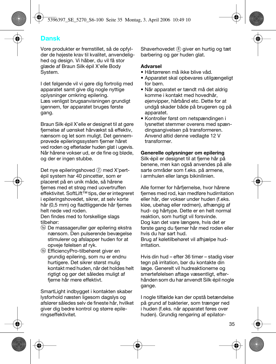 Dansk | Braun 5270-5396 Silk-épil Xelle User Manual | Page 35 / 95