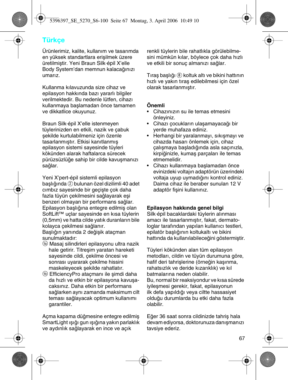 Türkçe | Braun 5270-5396 Silk-épil Xelle User Manual | Page 67 / 95