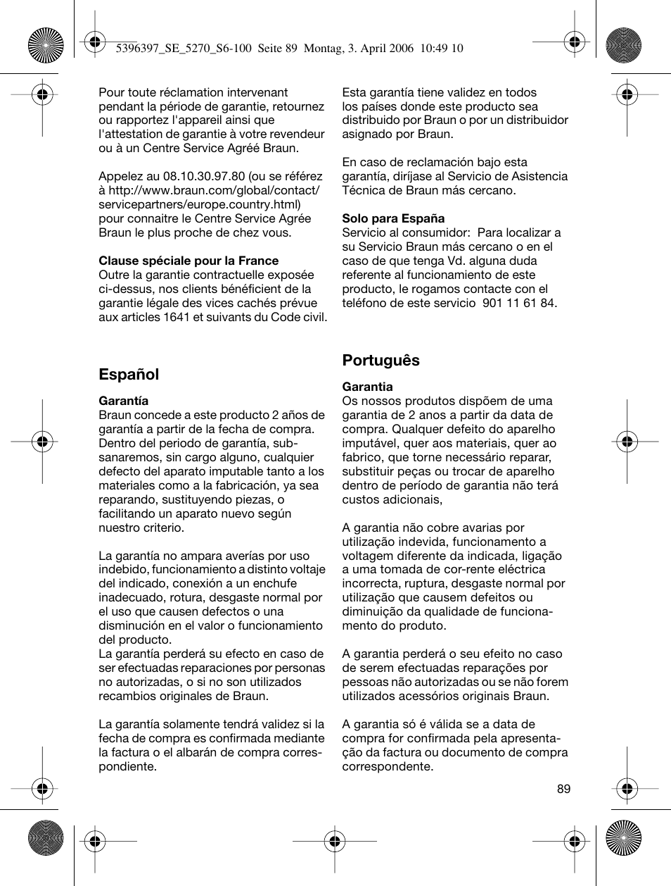 Español, Português | Braun 5270-5396 Silk-épil Xelle User Manual | Page 89 / 95