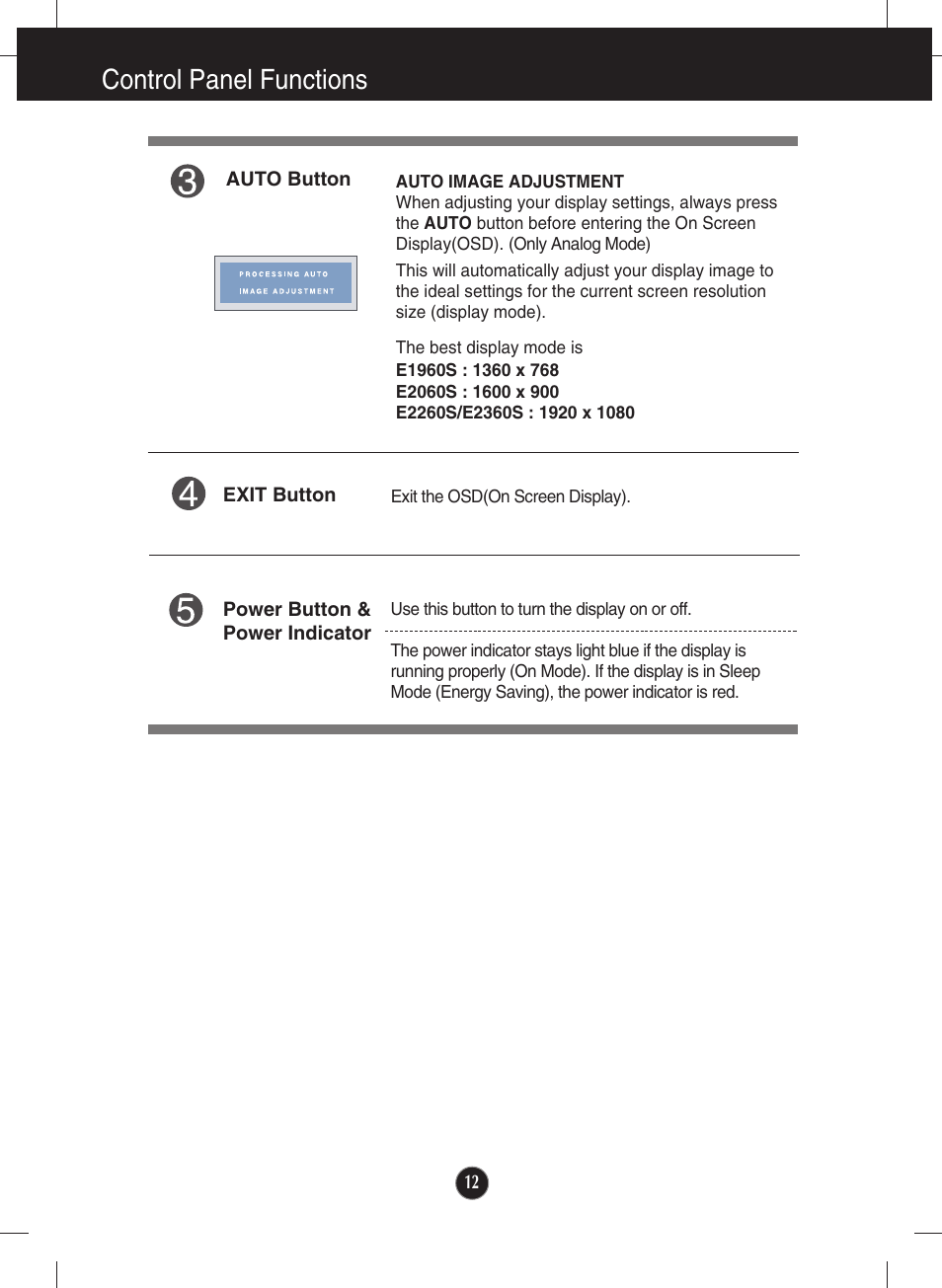 Control panel functions | LG E2360V-PN User Manual | Page 13 / 48