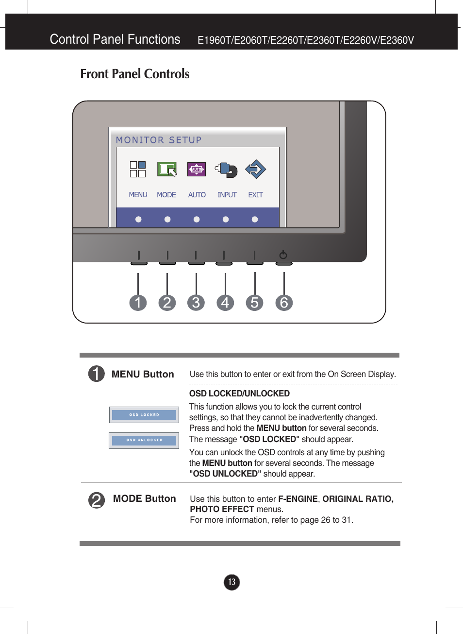 E1960t/e2060t/e2260t/e2360t/e2260v/e2360v, Control panel functions, Front panel controls | LG E2360V-PN User Manual | Page 14 / 48