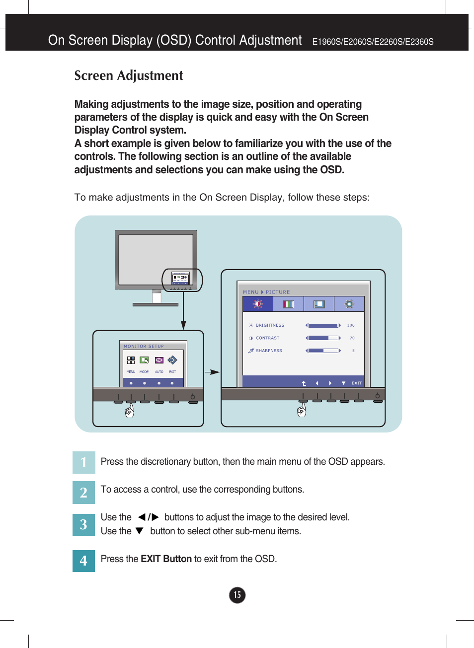 On screen display (osd) control adjustment, Screen adjustment, E1960s/e2060s/e2260s/e2360s | LG E2360V-PN User Manual | Page 16 / 48