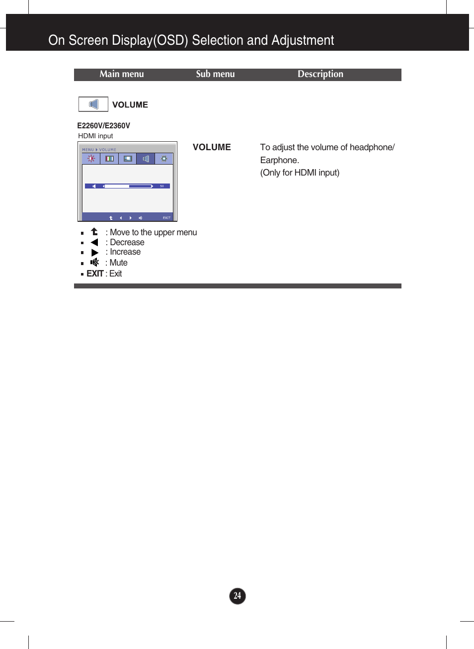 Volume, On screen display(osd) selection and adjustment | LG E2360V-PN User Manual | Page 25 / 48