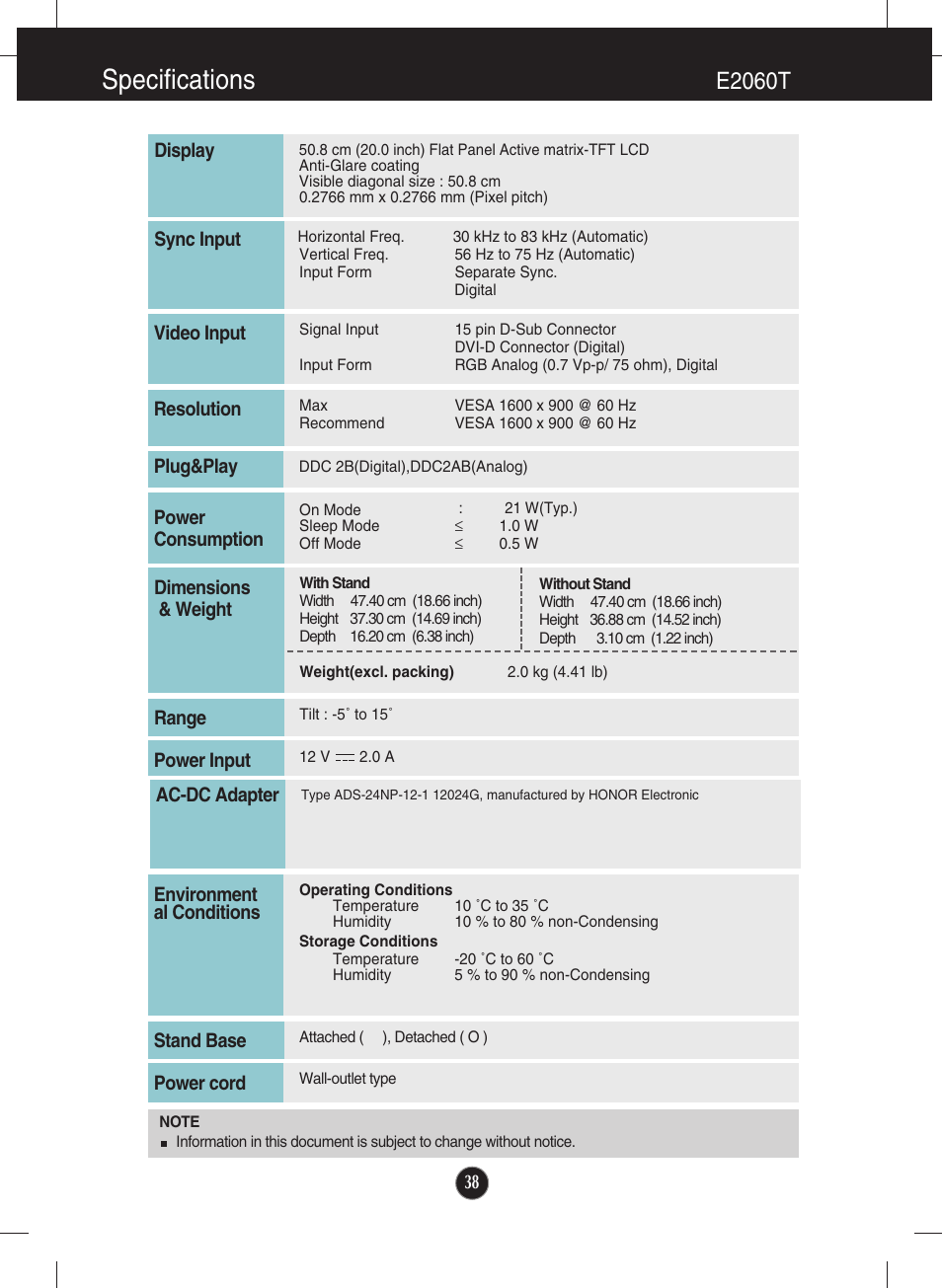 E2060t, Specifications | LG E2360V-PN User Manual | Page 39 / 48
