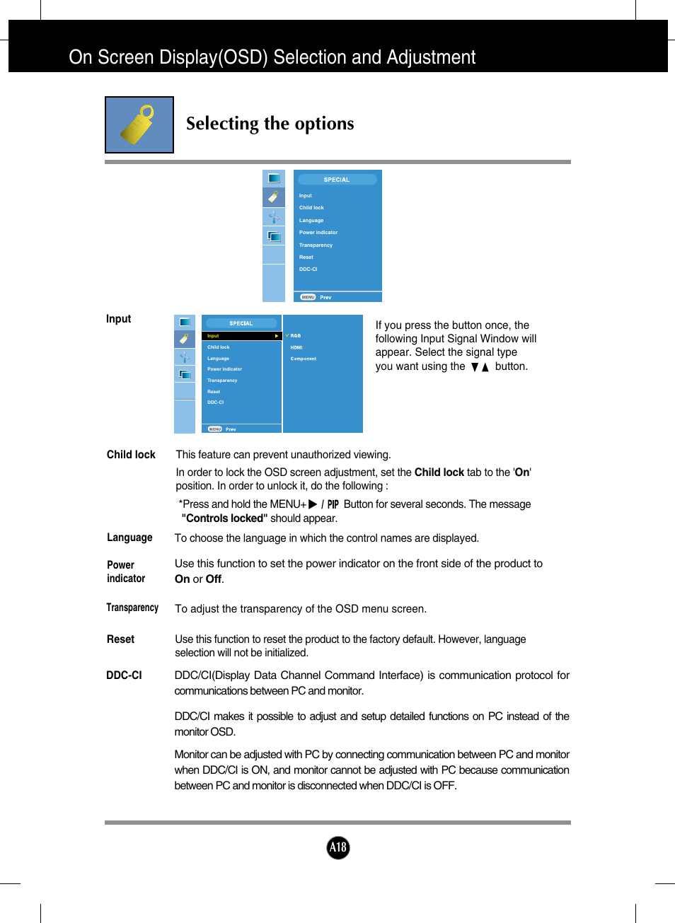 Selecting the options, On screen display(osd) selection and adjustment | LG L246WH-BN User Manual | Page 19 / 31
