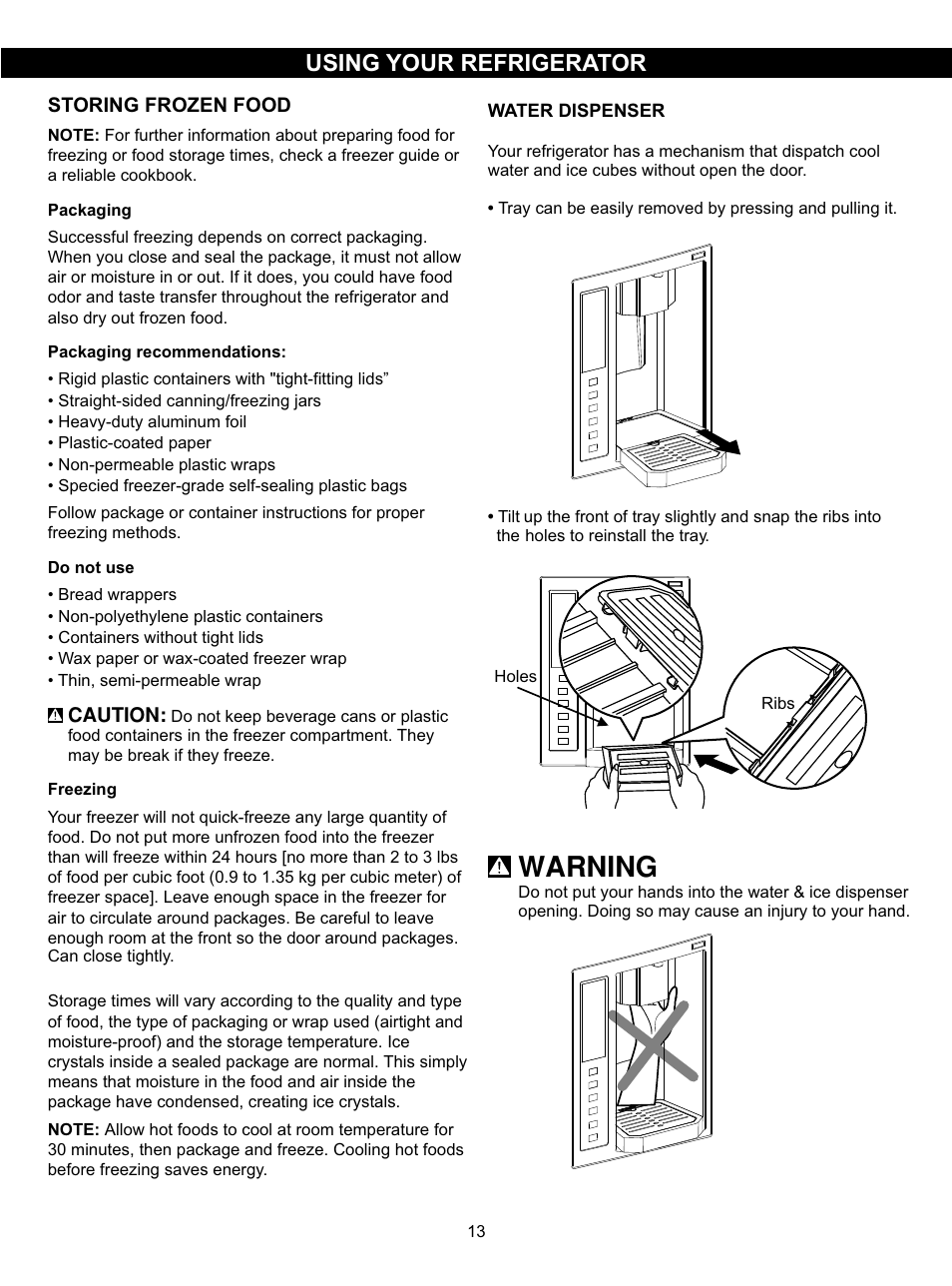 Warning, Using your refrigerator | LG LSC27931SW User Manual | Page 13 / 29