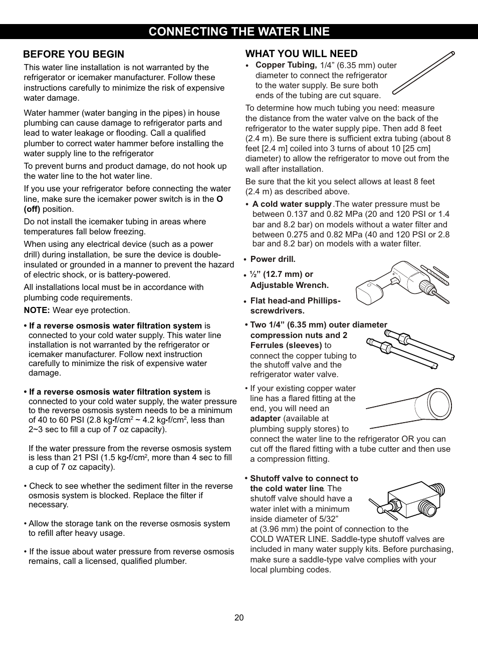 Connecting the water line, Before you begin, What you will need | LG LSC27931SW User Manual | Page 20 / 29