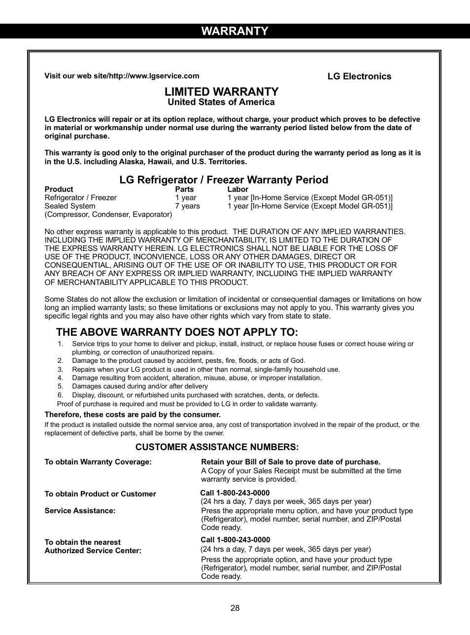 Limited warranty, Warranty, Lg refrigerator / freezer warranty period | The above warranty does not apply to | LG LSC27931SW User Manual | Page 27 / 29