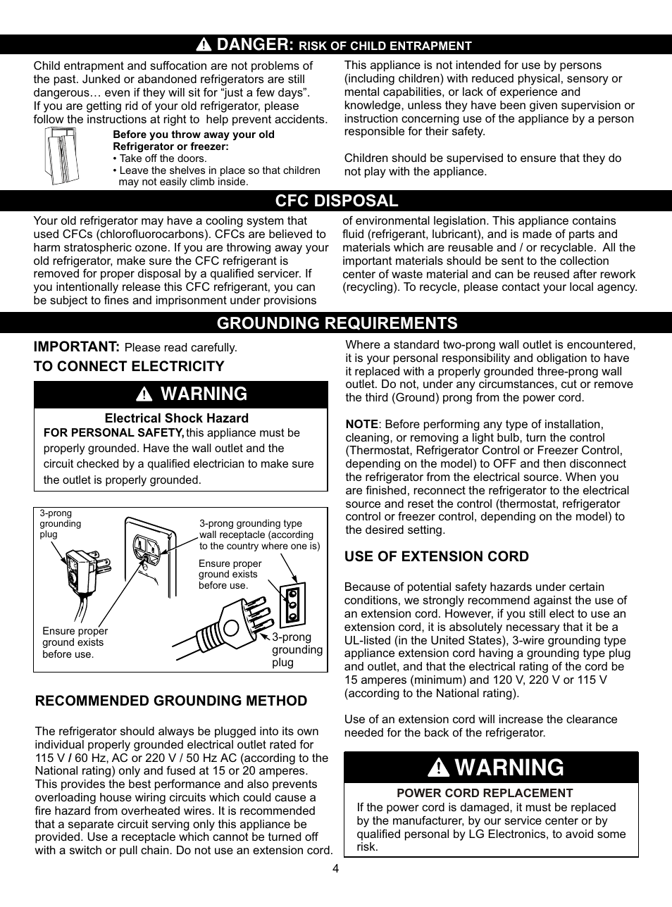Warning, Danger, Cfc disposal grounding requirements | LG LSC27931SW User Manual | Page 4 / 29