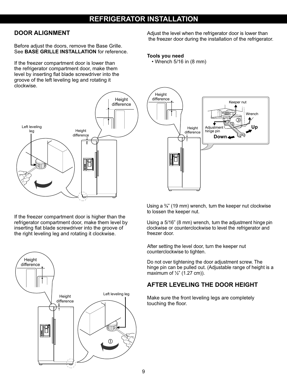 Refrigerator installation, Door alig nment, After leveling the door height | LG LSC27931SW User Manual | Page 9 / 29