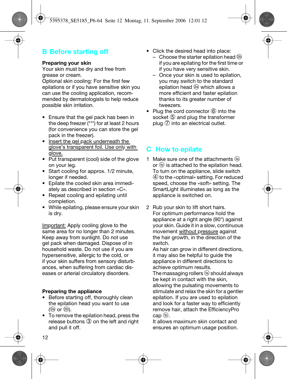 B before starting off, C how to epilate | Braun 5185-5395 Silk-épil Xelle User Manual | Page 11 / 58