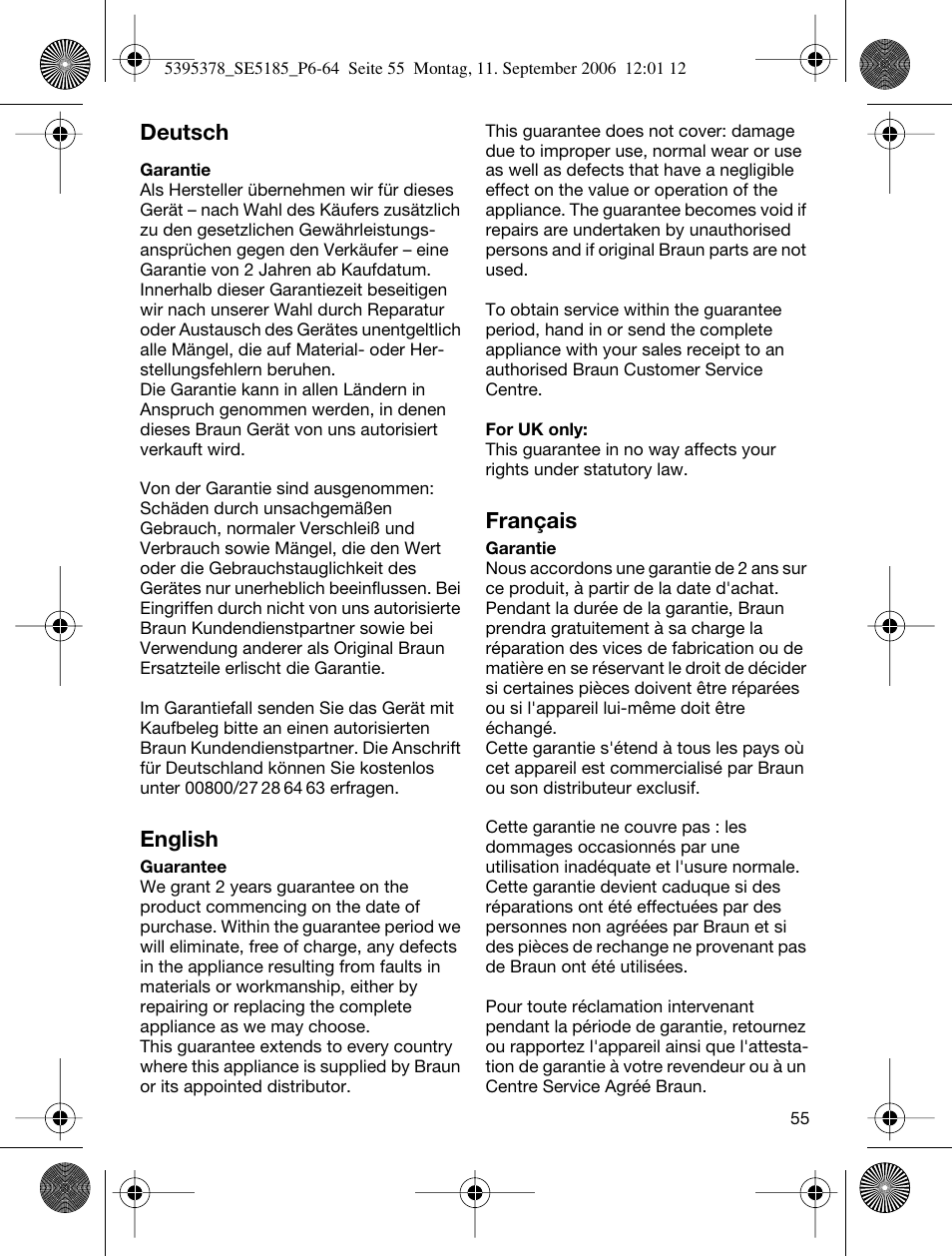 Deutsch, English, Français | Braun 5185-5395 Silk-épil Xelle User Manual | Page 54 / 58