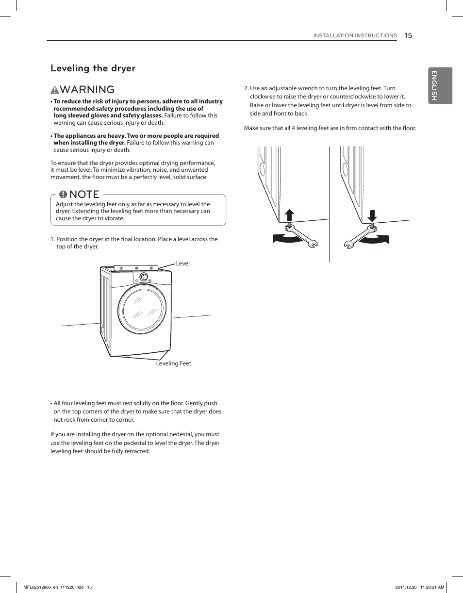 Warning, Leveling the dryer | LG DLEX3070R User Manual | Page 15 / 96