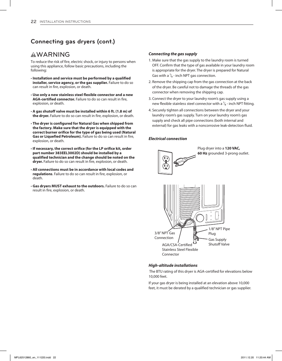 Warning, Connecting gas dryers (cont.) | LG DLEX3070R User Manual | Page 22 / 96