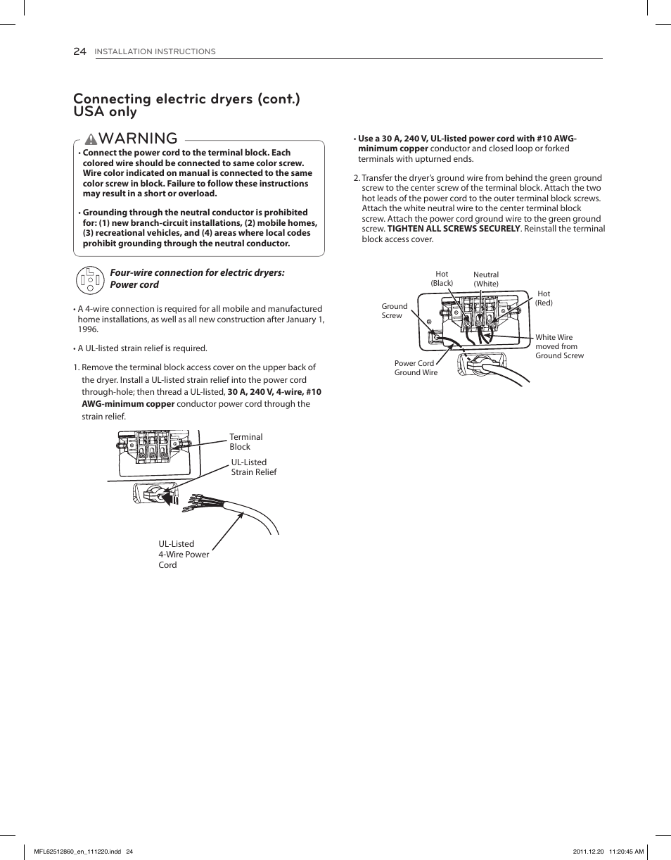 Warning, Connecting electric dryers (cont.) usa only | LG DLEX3070R User Manual | Page 24 / 96