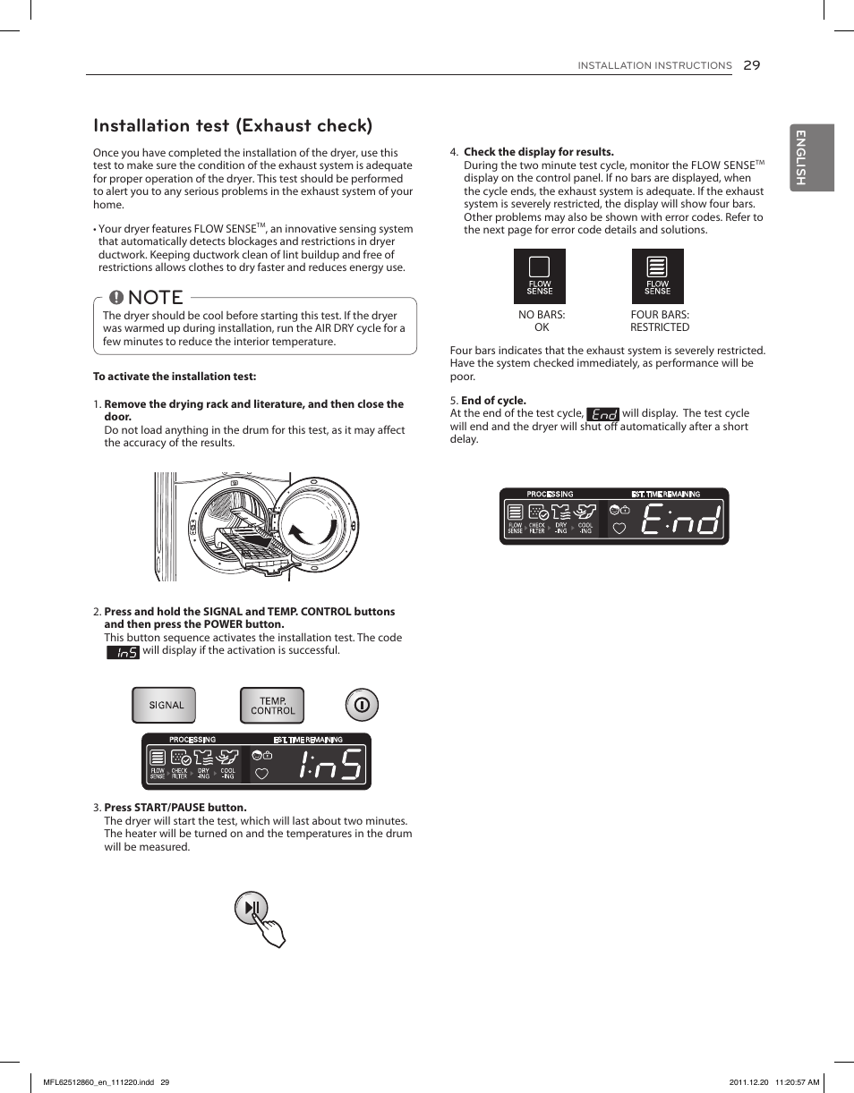 Installation test (exhaust check) | LG DLEX3070R User Manual | Page 29 / 96