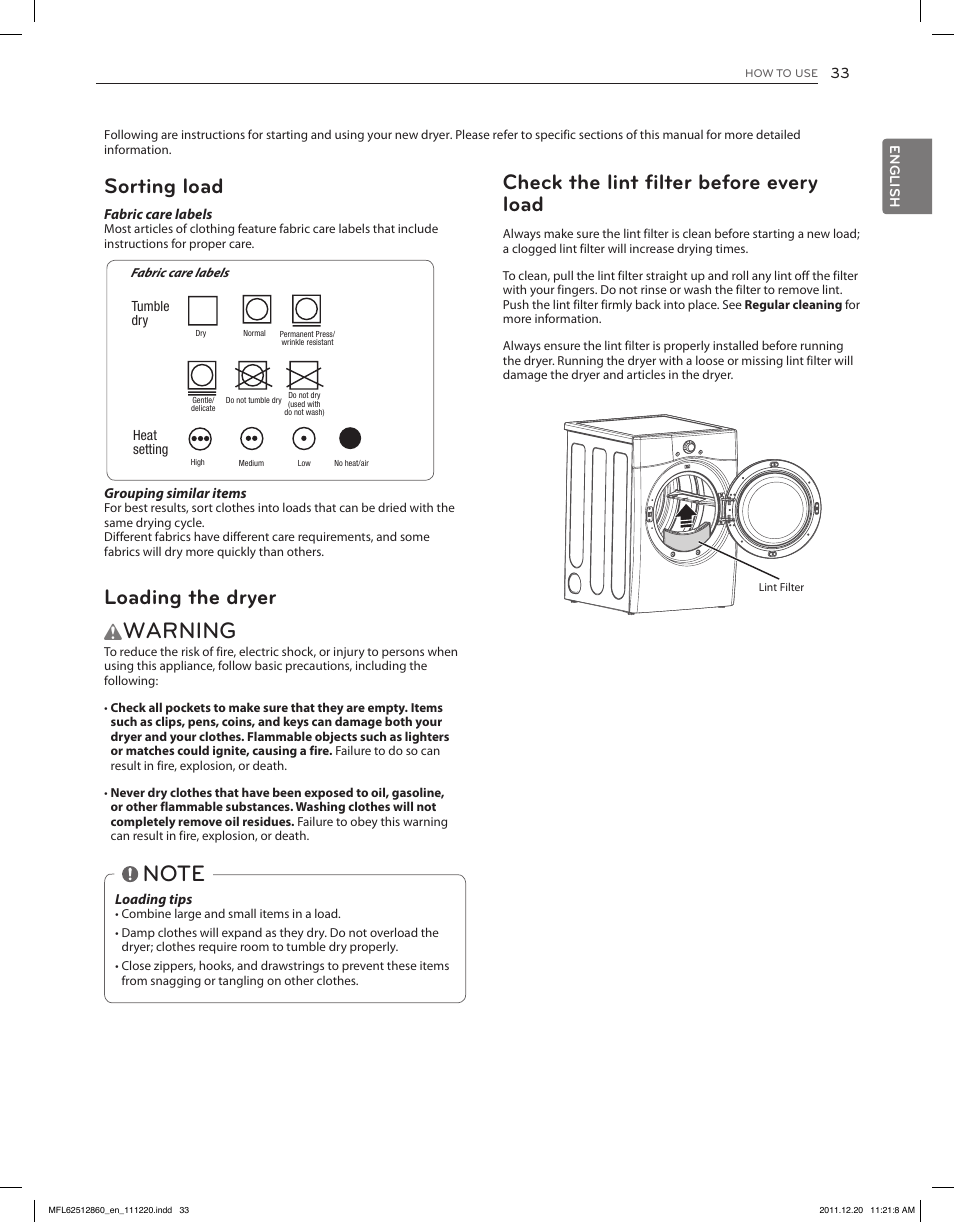 Warning, Check the lint filter before every load, Sorting load | Loading the dryer | LG DLEX3070R User Manual | Page 33 / 96