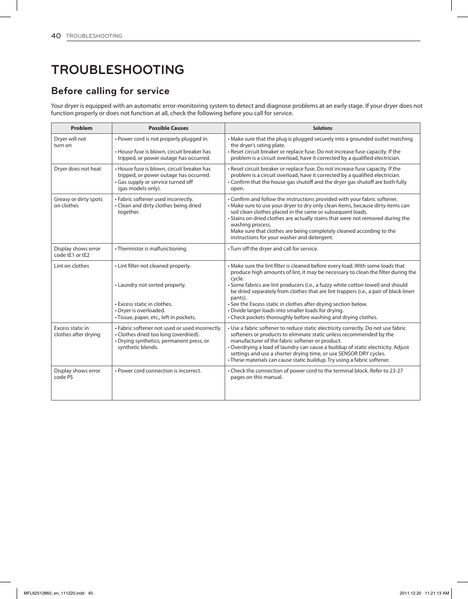 Troubleshooting, Before calling for service | LG DLEX3070R User Manual | Page 40 / 96