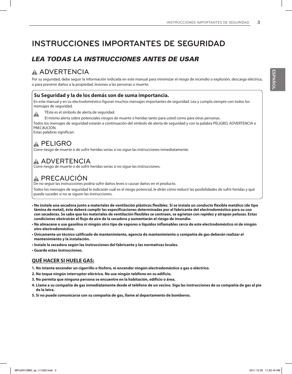 Instrucciones importantes de seguridad, Advertencia, Peligro | Precaución, Lea todas la instrucciones antes de usar w | LG DLEX3070R User Manual | Page 49 / 96